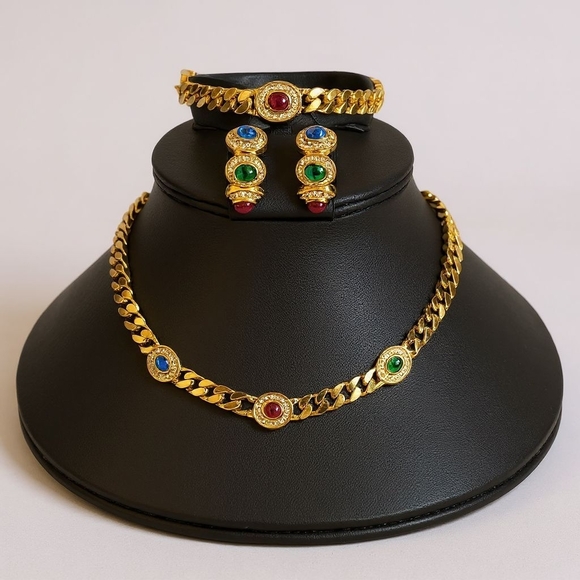 EUC Dior Necklace, Bracelet & Earrings Set Gold Tone with Multicolor Caboches - Picture 4 of 6